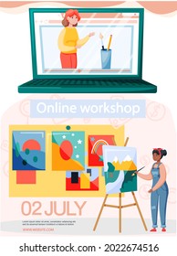 Online painting workshop announcement banner. Artist creativity process with paint distance studying. Drawing lessons on learning platform for painters and designers, educational course video tutorial