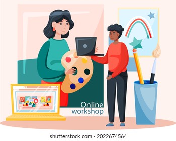 Online painting workshop concept. Artist creativity process with paint and brushes distance studying. Drawing lessons on learning platform for painters and designers, educational course video tutorial