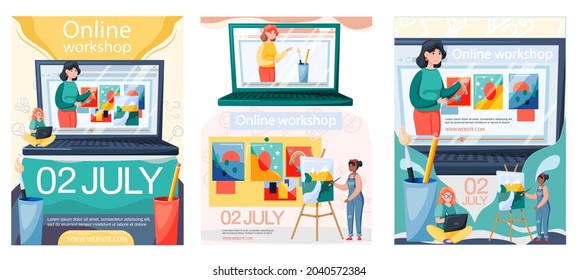 Online painting workshop concept. Artist creativity process with paint and brushes distance studying. Drawing lessons on learning platform for painters and designers, educational course video tutorial
