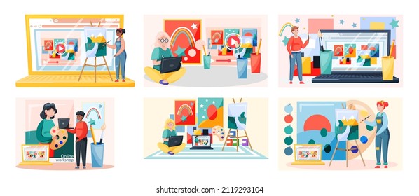 Online painting workshop concept. Artist creativity process with paint and brushes distance studying. Drawing lessons on learning platform for painters and designers, educational course video tutorial