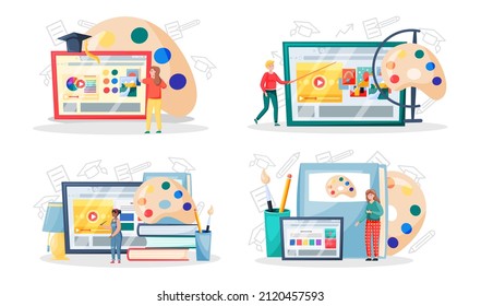 Online painting workshop concept. Artist creativity process with paint and brushes distance studying. Drawing lessons on learning platform for painters and designers, educational course video tutorial
