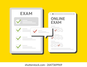 Online and paper exam sheets with check marks, representing digital education and school testing