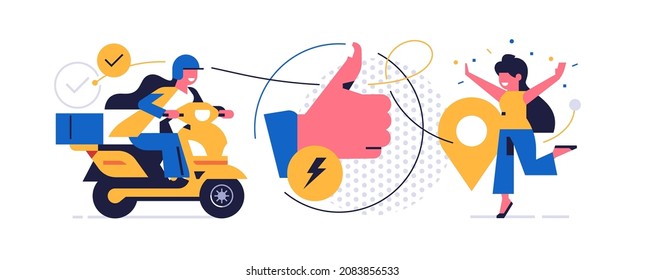 Online parcel delivery service concept. Online service for fast delivery of parcel to your home. A woman courier on a scooter carries an order to a happy woman. Hand like. Flat vector illustration