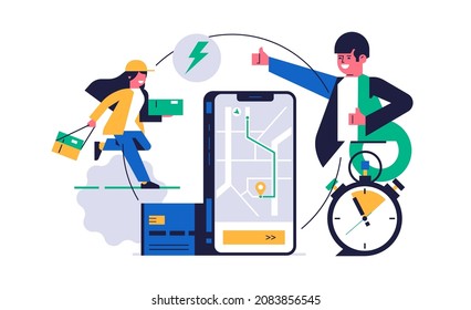 Concepto de servicio de entrega de paquetes en línea. Teléfono con seguimiento de entrega de pedidos en el mapa de la ciudad en la pantalla. Una niña nutritiva corre con un pedido de un cliente. Tarjeta bancaria, cronómetro.Ilustración vectorial plana