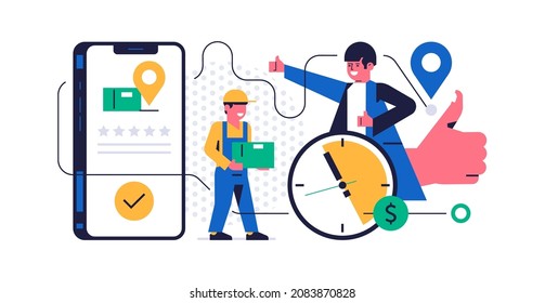 Online parcel delivery service concept. Mobile app concept. Phone with parcel delivery app on display. Courier with order box, happy man, hand like symbol. Flat vector illustration