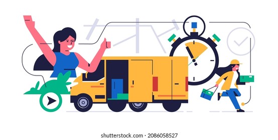 Online parcel delivery service concept. Online service for fast delivery of parcel to your home. Woman courier runs with an order for a happy woman. Truck with boxes. City map.Flat vector illustration