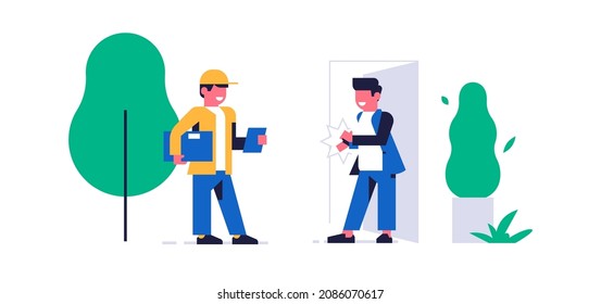 Online parcel delivery service concept. Online service for fast delivery of parcel to your home. The courier brought the box with the order to the client. Flat vector illustration