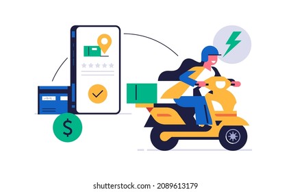 Online parcel delivery service concept. Mobile app concept. Phone with parcel delivery app on display. Fast motorcycle courier woman completed order received five stars feedback and online payment