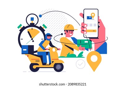 Online parcel delivery service concept. Mobile app concept. Hand holding phone with parcel delivery application on display. Motorcycle courier and courier with order box. Flat vector illustration