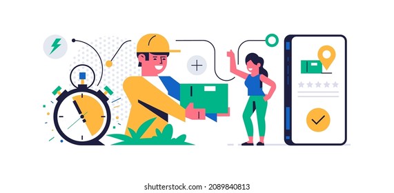 Online parcel delivery service concept. Mobile app concept. Phone with parcel delivery app on display. The courier gives the order to a happy woman. Stopwatch, line, icon. Flat vector illustration