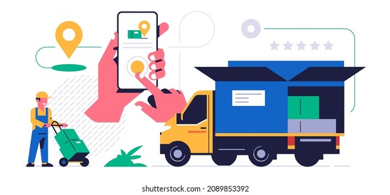 Online parcel delivery service concept. Mobile app concept. Hand holding phone with parcel delivery application on display. A courier carries a cart with boxes of orders to the truck.Flat illustration