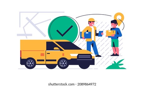 Online parcel delivery service concept. Online service for fast delivery of parcel to your home. The courier gave the box with the order to the boy. Yellow courier car, street map on background.