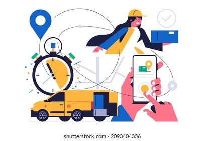 Online parcel delivery service concept. Mobile app concept. Hand holding phone with parcel delivery application on display. Happy girl courier hands a box with an order from a yellow courier car