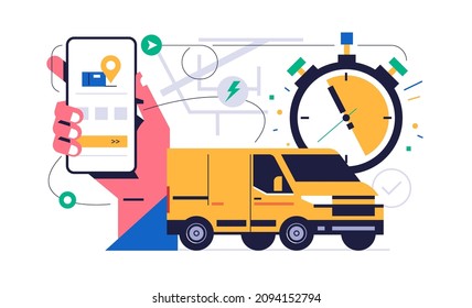 Online parcel delivery service concept. Mobile app concept. Hand holding phone with parcel delivery application on display. Yellow courier truck transporting order against city street map background
