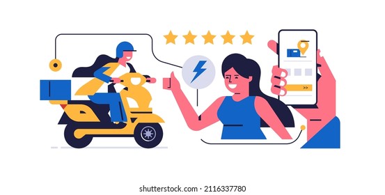 Online parcel delivery service concept. Mobile app concept. Hand holding phone with parcel delivery application on display. Happy woman giving five star rating to courier on motorcycle.