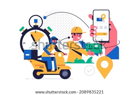 Online parcel delivery service concept. Mobile app concept. Hand holding phone with parcel delivery application on display. Motorcycle courier and courier with order box. Flat vector illustration