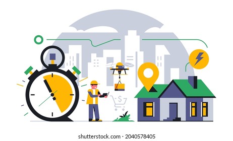 Online parcel delivery service to your home. A flying drone delivers a parcel to the house. Future technologies, flying machine, courier, time, stopwatch, route. Vector illustration.