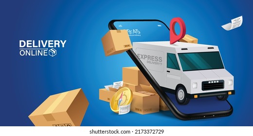 Online Parcel Inspection Concept. Warehouse factory express delivery box.Parcel tracking app. 
delivery truck with cargo box is on a mobile phone. Online delivery transport logistics service.