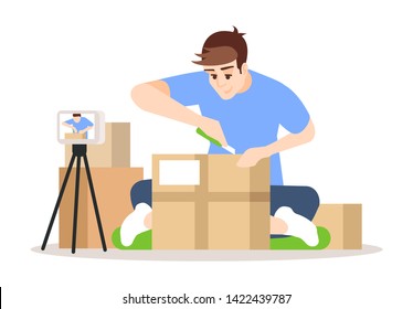 Online parcel unpacking flat vector illustration. Influencer unboxing purchase isolated cartoon character on white background. Blogger, vlogger streaming. Shopping blog. Video product review concept