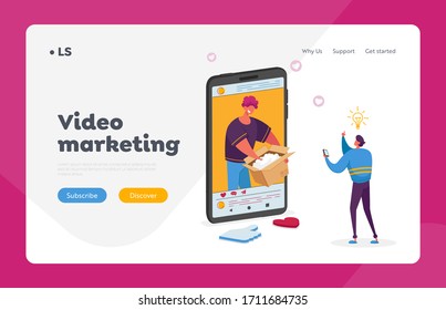 Online Parcel Unpacking Landing Page Template. Influencer Male Character Unboxing Purchase Recording Video for Internet Blog. Blogger, Vlogger Video Product Review. Cartoon People Vector Illustration