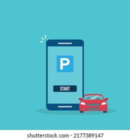 Online parking payment application, city parking. Smart city parking mobile app concept. Urban traffic technology, vector illustration.