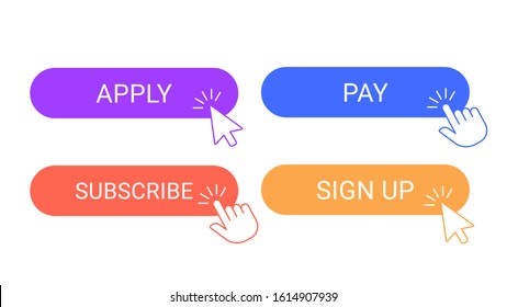 Online Participation Buttons. Apply, Subscribe And Pay Sign Up Applying Digital Form Button. Cursor Pointer Clicking On Participation Buttons Vector Illustration Isolated Symbols Set