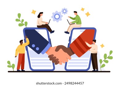 Online partnership, business startup cooperation of investors, sponsor and partners with trust, leadership. Big handshake of leaders from phone screen and tiny people cartoon vector illustration