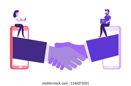 Online partnership concept. Signing documents. Man and woman chatting, contract symbol, trust, team work, start up. People emloyers with mobile phones. Corporate deal success. Modern flat vector. 