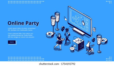 Online Party Banner. Virtual Meeting With Friends, Celebration Birthday By Internet. Vector Landing Page With Isometric Happy People, Computer Screen With Call, Champagne And Cakes