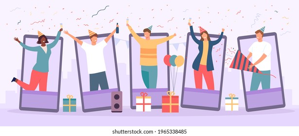 Online party. Birthday celebration in video chat. Friends group gathering to cheers and drink. Work team virtual fun event vector concept. Meeting with people in internet remotely in smart phone