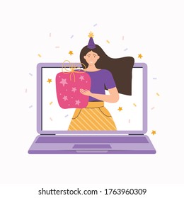 Online party, birthday, holiday. Girl wishes a happy birthday using a video call on her laptop. Friend gives a gift. Meeting friends on video conference or chat. Hand drawn vector flat illustration