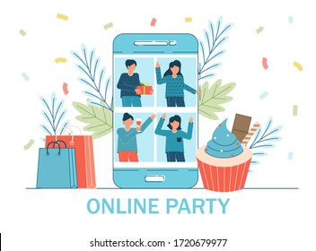 Online Party, Birthday, Meeting Friends. People Have Online Party Together In Quarantine. Video Chat. Class Reunion Graduation Party. Video Conference Video Call. Birthday Party Web Camera