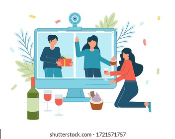 Online Party, Birthday, Meeting Friends. People Drink Wine Together In Quarantine. Video Chat. Class Reunion Graduation Party. Video Conference Video Call. Birthday Party Web Camera And Online Holiday