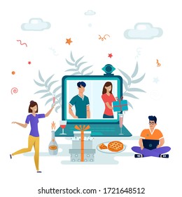 Online Party, Birthday, Meeting Friends. People Drink Wine Together In Quarantine. Video Chat. Vector Illustration. Video Conference Video Call. Graduation Party Web Camera And Online Class Reunion.