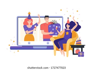 Online party, birthday, meeting friends. Chat with friends online. People drink wine together in quarantine. Girl sitting in front of a laptop communicates via video chat. Spend time at home