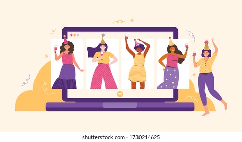 Fiesta en línea, cumpleaños, reunión con amigos. Los amigos se comunican por videochat. Las mujeres se divierten, ríen, hablan y beben vino. Chat en línea con la aplicación de video. Tiempo divertido en casa. Vector plano