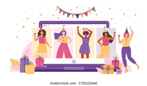 Online party, birthday, meeting friends. Friends communicate via video chat. Women have fun, laugh, talk and drink wine. Online chat using the video app. Fun time at home. Vector flat illustration