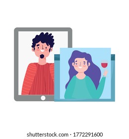 online party, birthday or meeting friends, couple in mobile and website with wine cup celebration vector illustration