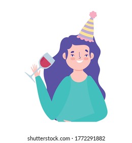 online party, birthday or meeting friends, woman with party hat and wine cup celebrating vector illustration