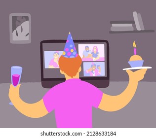 Online party, birthday, meeting friends. Young man with cake and wine glass celebrating birthday online back view. Friends communicate via video chat. Hand drawn vector illustration in flat style.