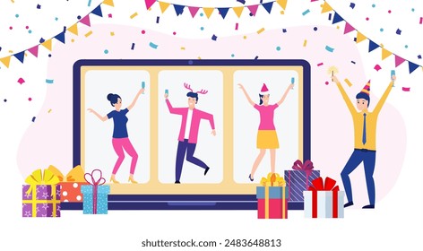 Online party, birthday, meeting friends. People drink wine together in quarantine. Video chat. Birthday party web camera and online holiday. Vector illustration in flat style