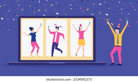 Online party, birthday, meeting friends. People drink wine together in quarantine. Video chat. Birthday party web camera and online holiday. Vector illustration in flat style