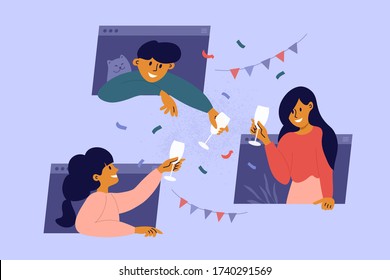 Online party, birthday, virtual meeting with friends. Man, women stay home, drink wine through computer windows. People celebrate event remotely. Video call during self isolation. Vector illustration.