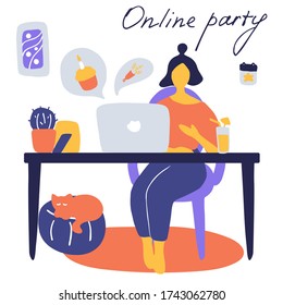 Online Party, Birthday, Virtual Meeting Friends. Girl Sitting In Front Of Laptop With Cocktail. Video Chat. Vector Flat Illustration