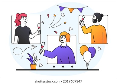 Online party concept. Birthday, virtual meeting with friends. Men and women drink wine and celebrate happy event via video link. Cartoon doodle flat vector illustration isolated on a white background