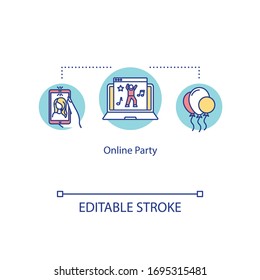 Online party concept icon. Video call with friends. Social distancing alternative. Quarantine communication idea thin line illustration. Vector isolated outline RGB color drawing. Editable stroke