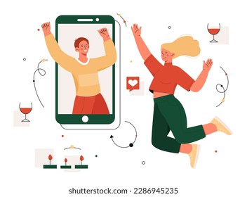 Online party concept. Man on smartphone screen and woman. Students and friends celebrating success. Holiday and festival, happy birthday. Remote and distance event. Cartoon flat vector illustration