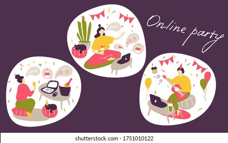 Online party concept. People communicate online, celebrate holidays, make dates. Modern lifestyle, life on Internet. Flat vector illustration