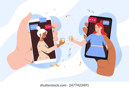 Online party concept. Two women with alcoholic drinkd at smartphones screen. Communication and interaction on social networks. Remote Event and festival in Internet. Cartoon flat vector illustration