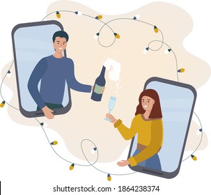 Online party. The couple celebrates, drinking wine in video chat in smartphones. People in quarantine celebrate important events and holidays remotely. video call, virtual communication.